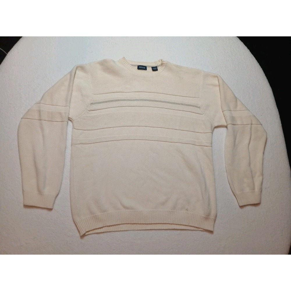 IZOD Sweater Men's Size Large Knit Ivory Block Long Sleeve Crewneck Cotton